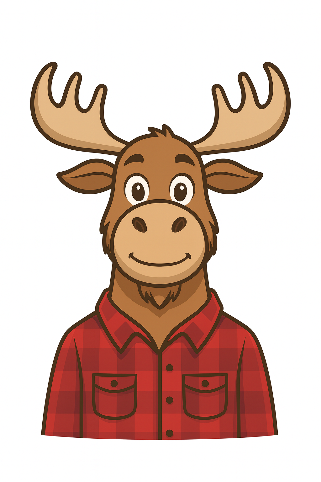 Friendly cartoon moose wearing a red plaid shirt